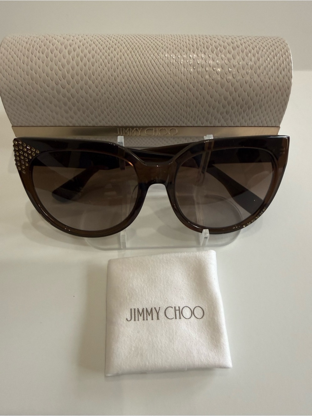 Like New Jimmy Choo Clear Taupe Brown Cat Eye Sunglasses w Crystal-Studs